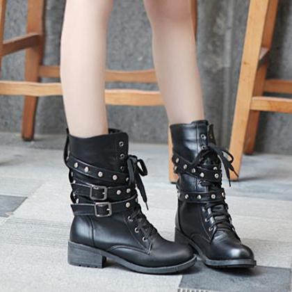 black flat boots with buckle