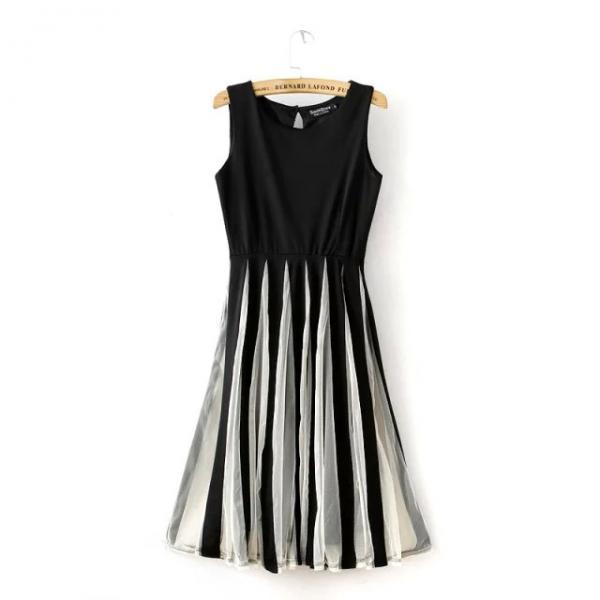 Sexy Net Yarn Stitching Round Neck Sleeveless Dress on Luulla